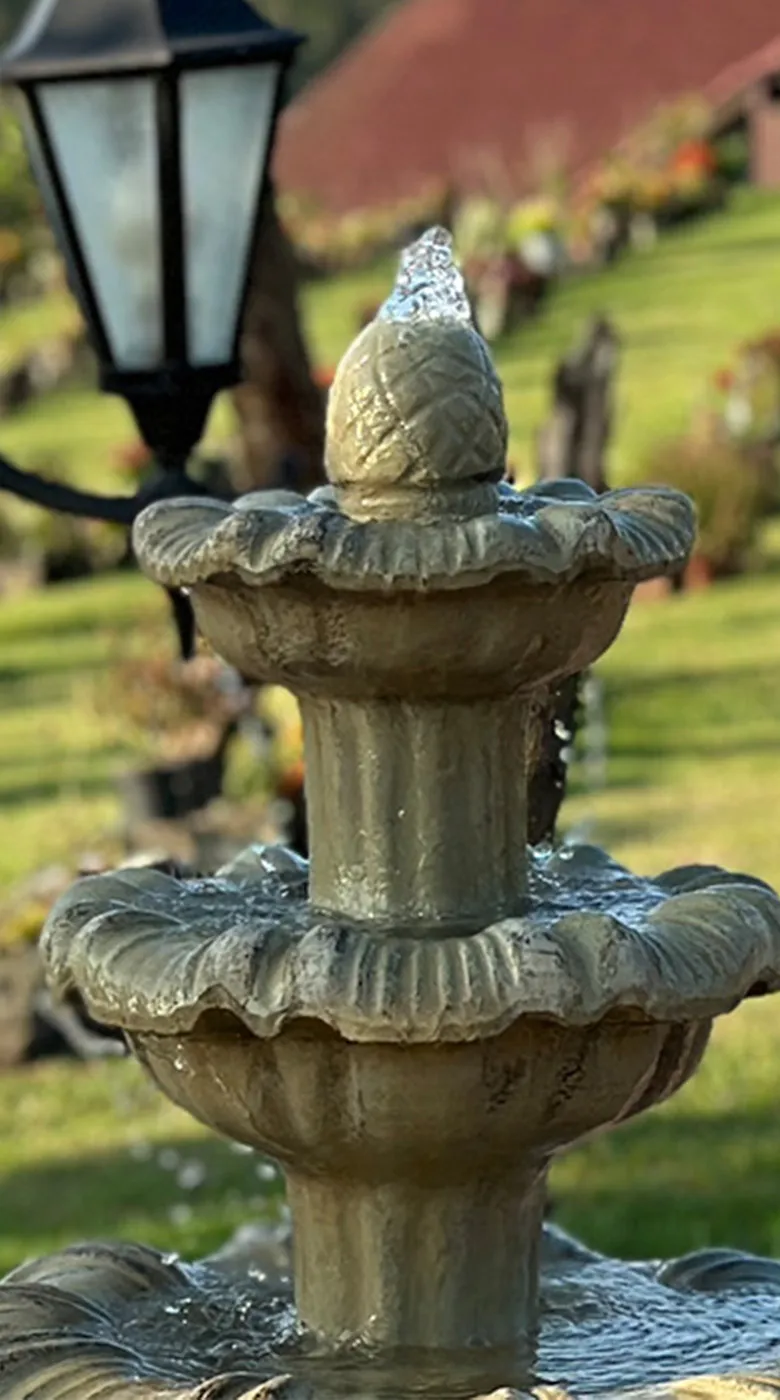 Fonte de água em um cemitério, com túmulos e flores ao fundo, cercados por uma paisagem verde.